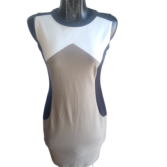 Joseph Ribkoff Black, White and Tan Colorblock Sleeveless Dress 6 - Picture 1 of 7
